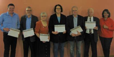 Mitgliederhauptversammlung am 08.11.2019, geehrte Jubilare (von links: Arnold Notzon, Michael Knieps, Helga Kahle-Benthien, Bianca Fleck, Werner Beier, Gnter Krebs sowie Vorsitzende Birgit Behr)